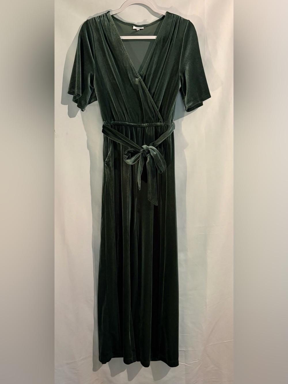 Olive Green Velvet Wrap Jumpsuit with Self-Tie Waist